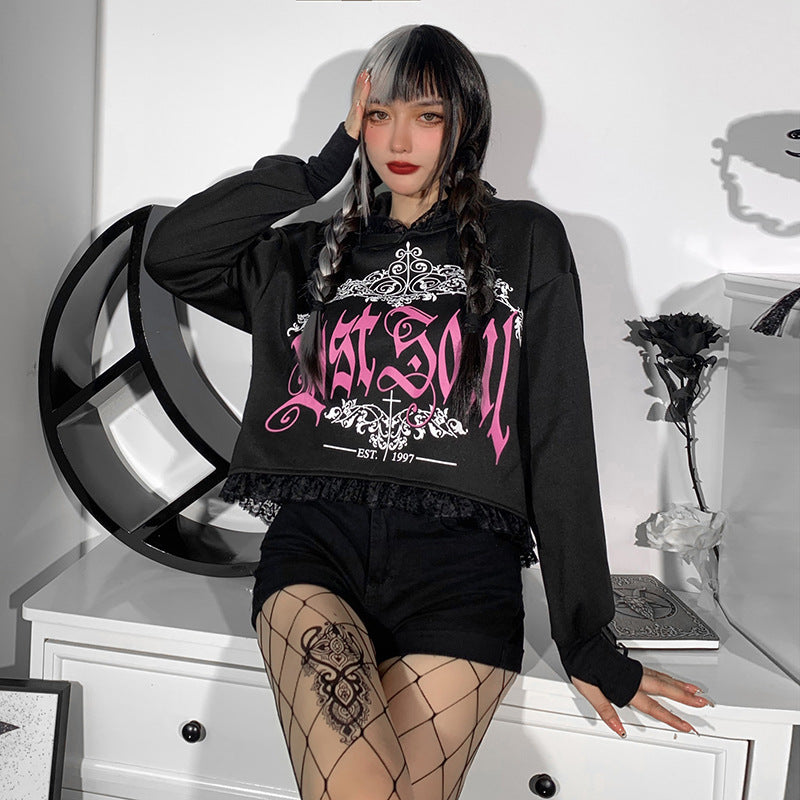 Women's Dark Style Lace Hooded Trendy Printed Sweatshirt