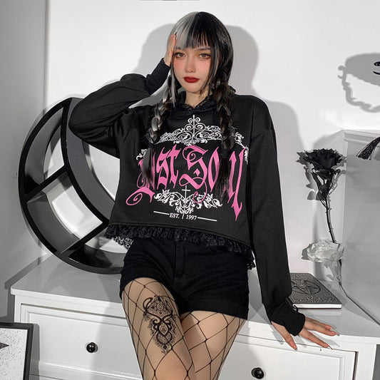 Women's Dark Style Lace Hooded Trendy Printed Sweatshirt