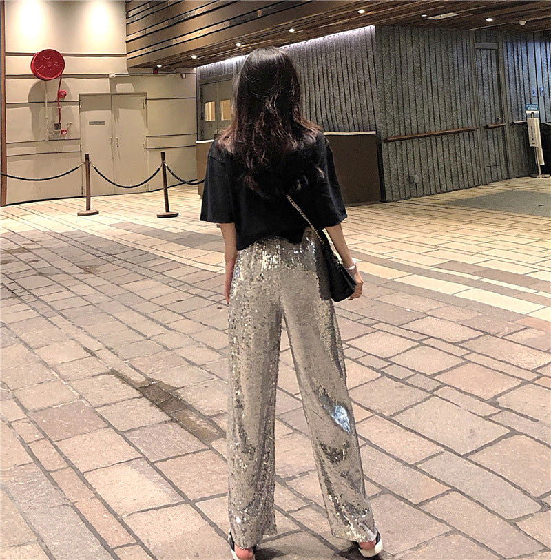 Heavy Industry Sequins High Waist Straight Trousers Women's Trousers
