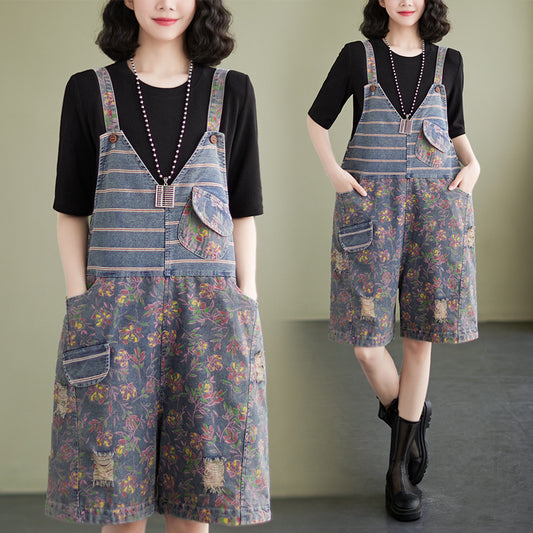 Oversized Chubby Mm Loose And Slim Five Piece Jumpsuit With Printed Denim Straps