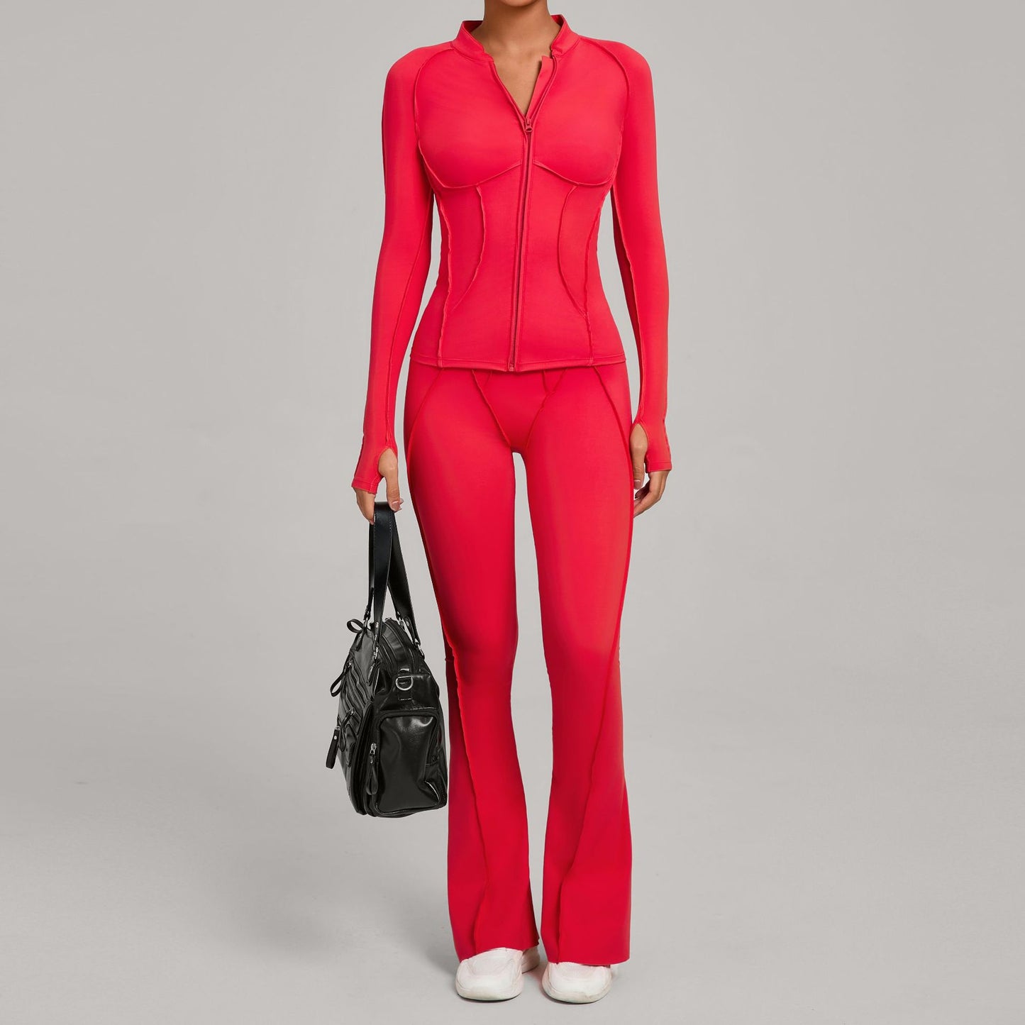 Womens Patchwork Zip Up Long Sleeve Top And Pants Set
