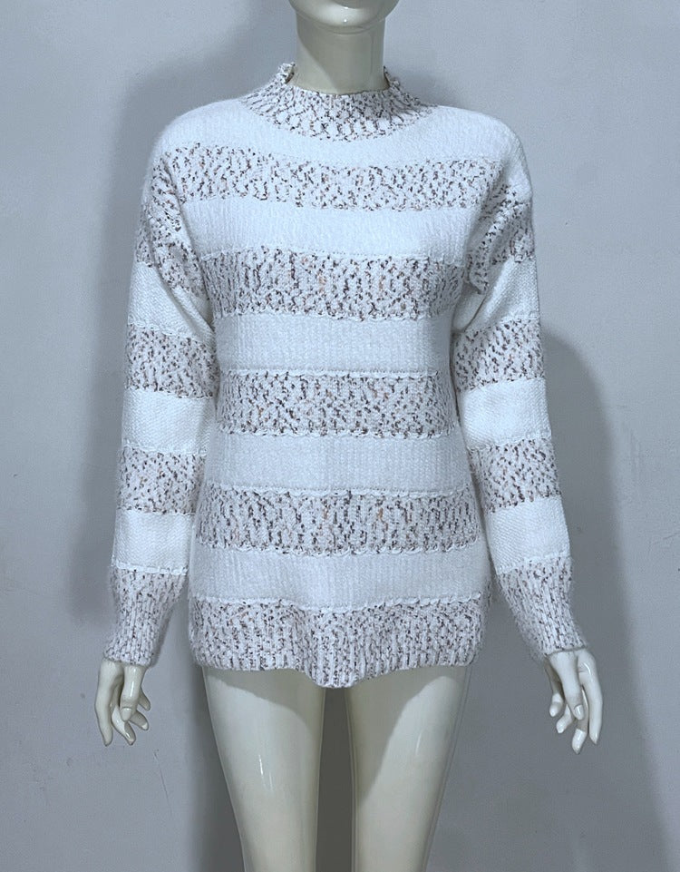 Embroidered Jacquard Pullover Loose Bottoming Shirt Mock Neck Sweater Coat
