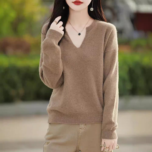 Women's Wool Sweater V-neck Drop-shoulder Pullover