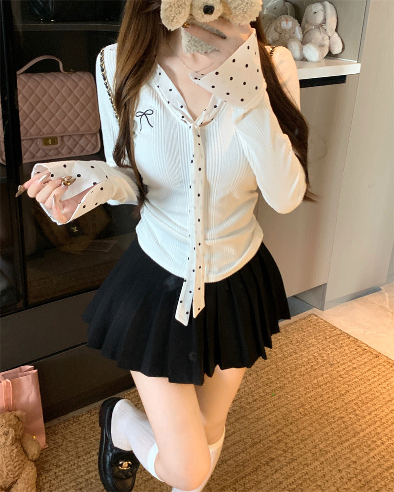 Polka Dot Patchwork Ribbon Long Sleeve T-shirt Women