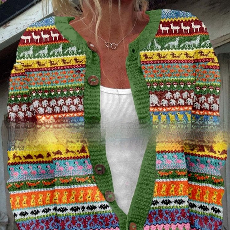 Womens All-Match Printed Knitted Faux Sweater Fabric Cardigan For FallWinter