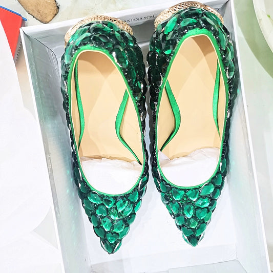 Women's Diamond Studded By Hand Green Snake-shaped Stiletto Heels