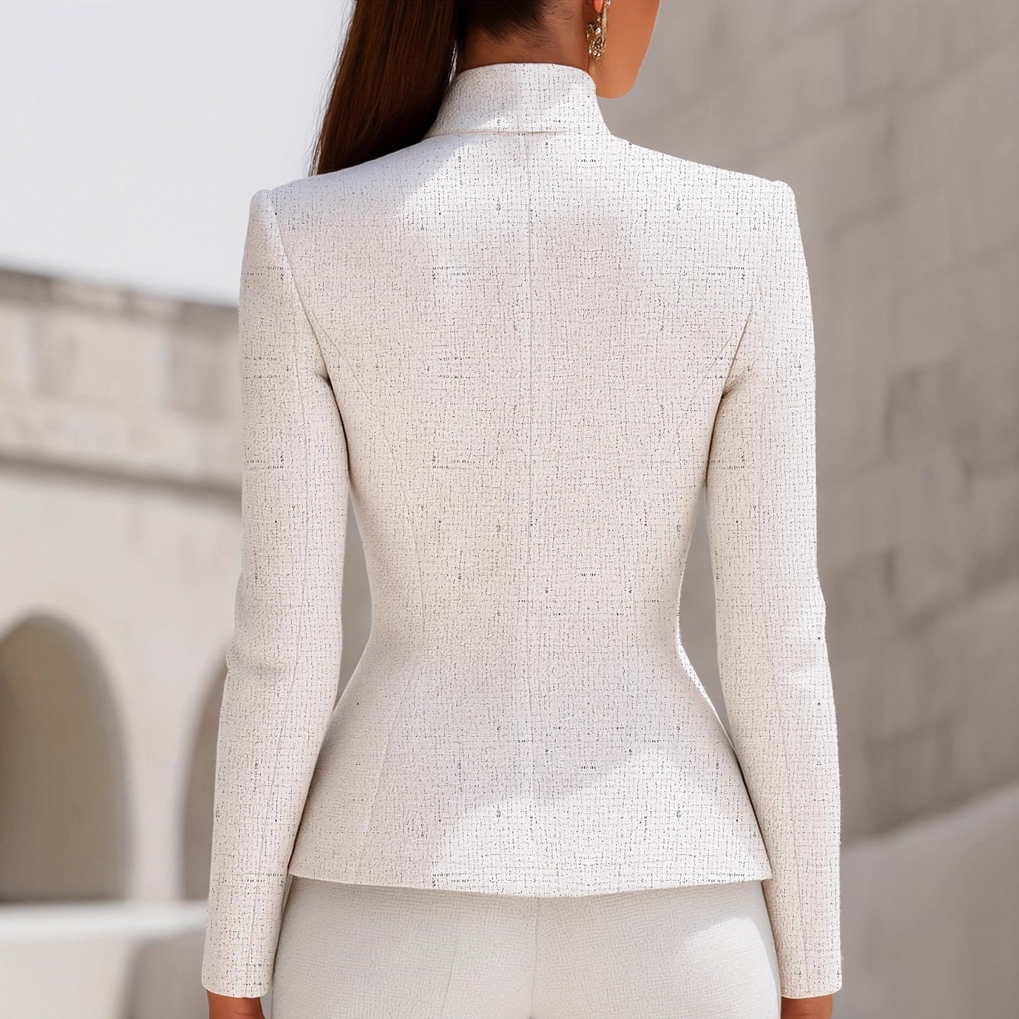 Double-Breasted Stand-Up Collar Long-Sleeve Blazer