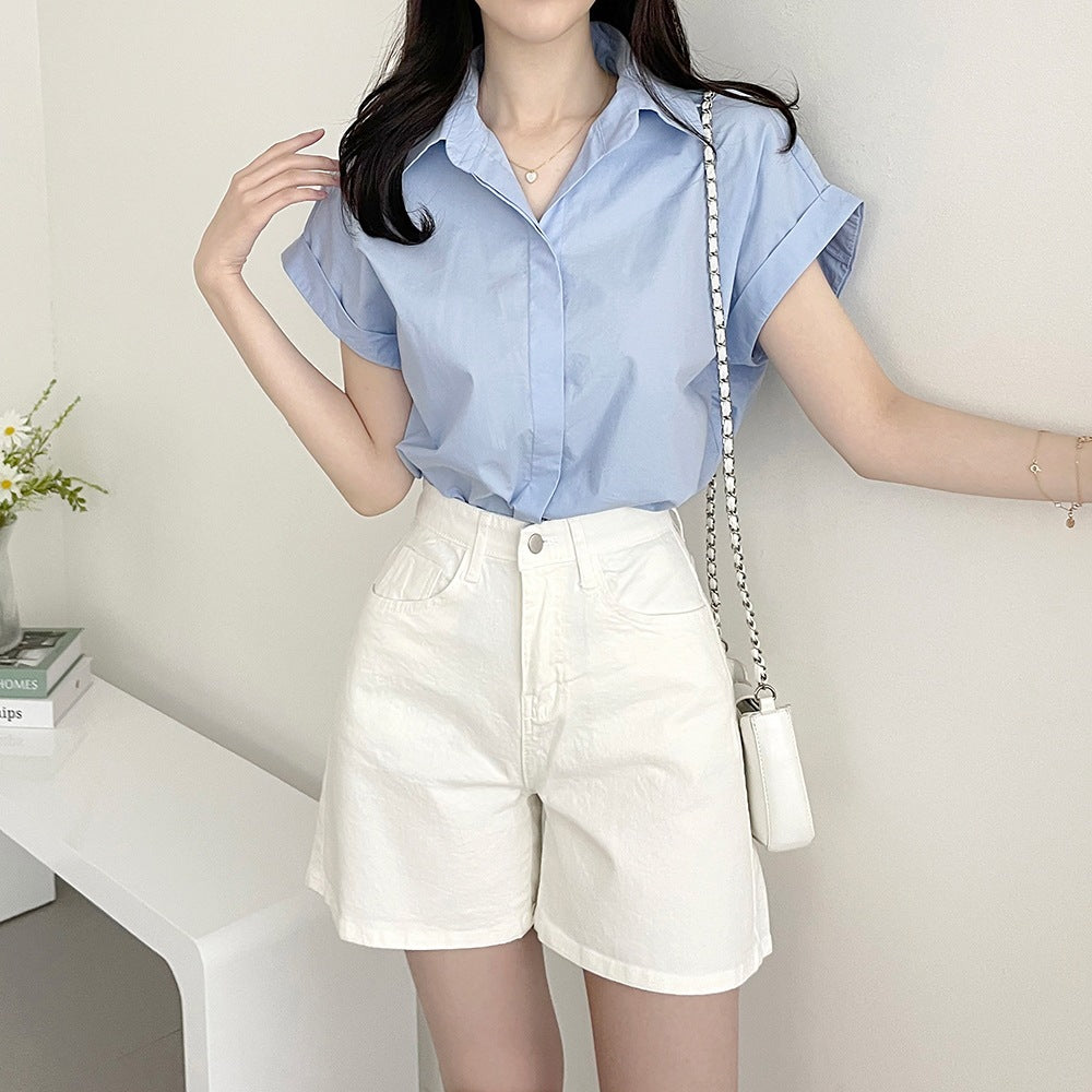 Fashionable All-match Hidden Hook Design Lapel Curling Short Sleeve