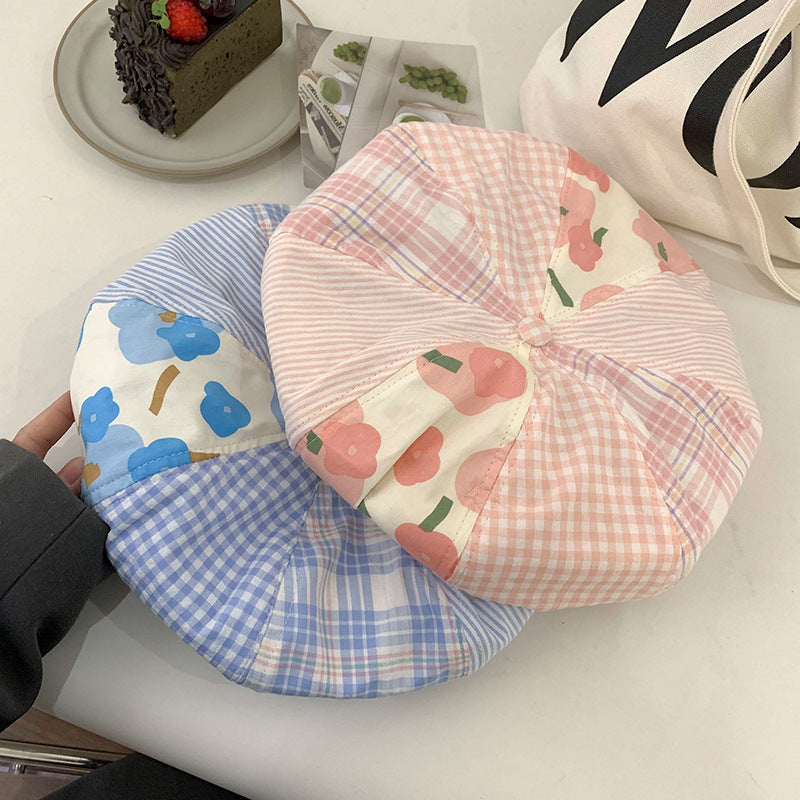 Japanese-style Blue Plaid Patchwork Beret