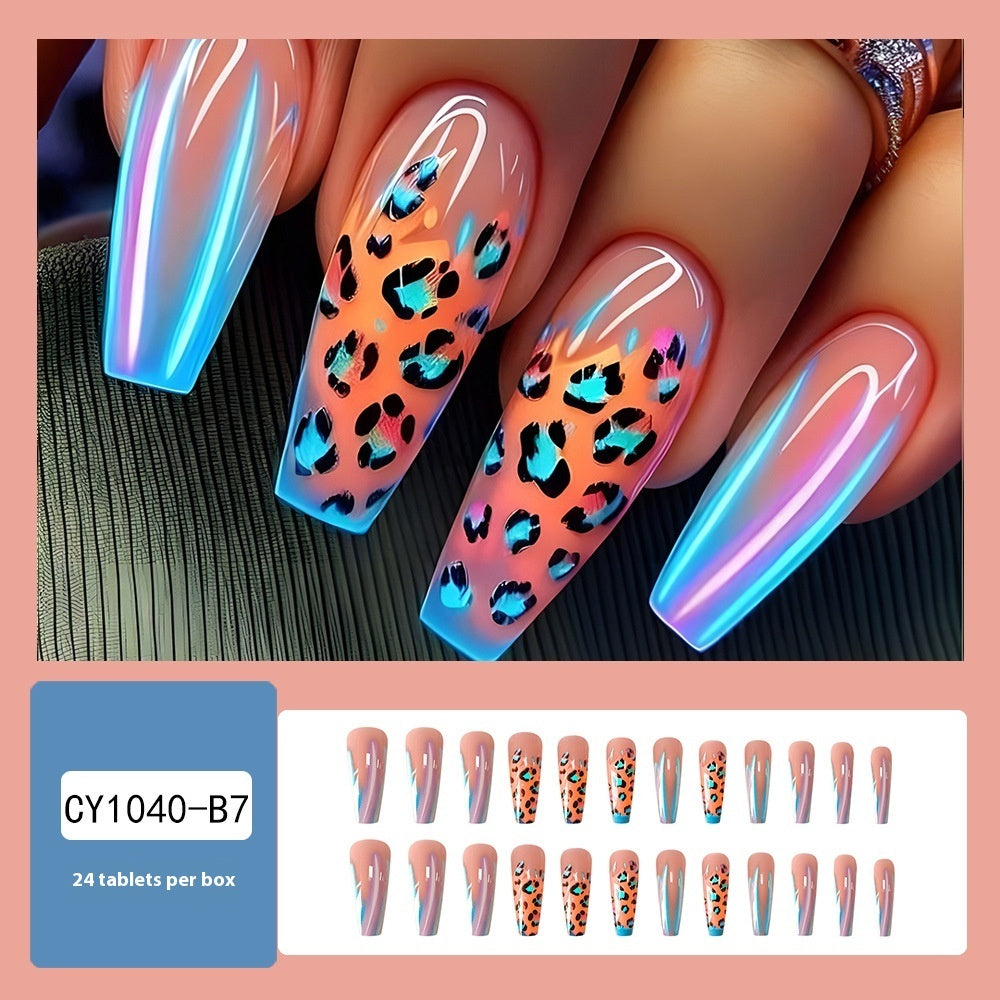 Blue Edge French Gradient Contrast Leopard Print Nail Tips