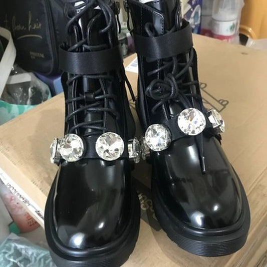 Women's Flat Rhinestone Martin Boots And Nude
