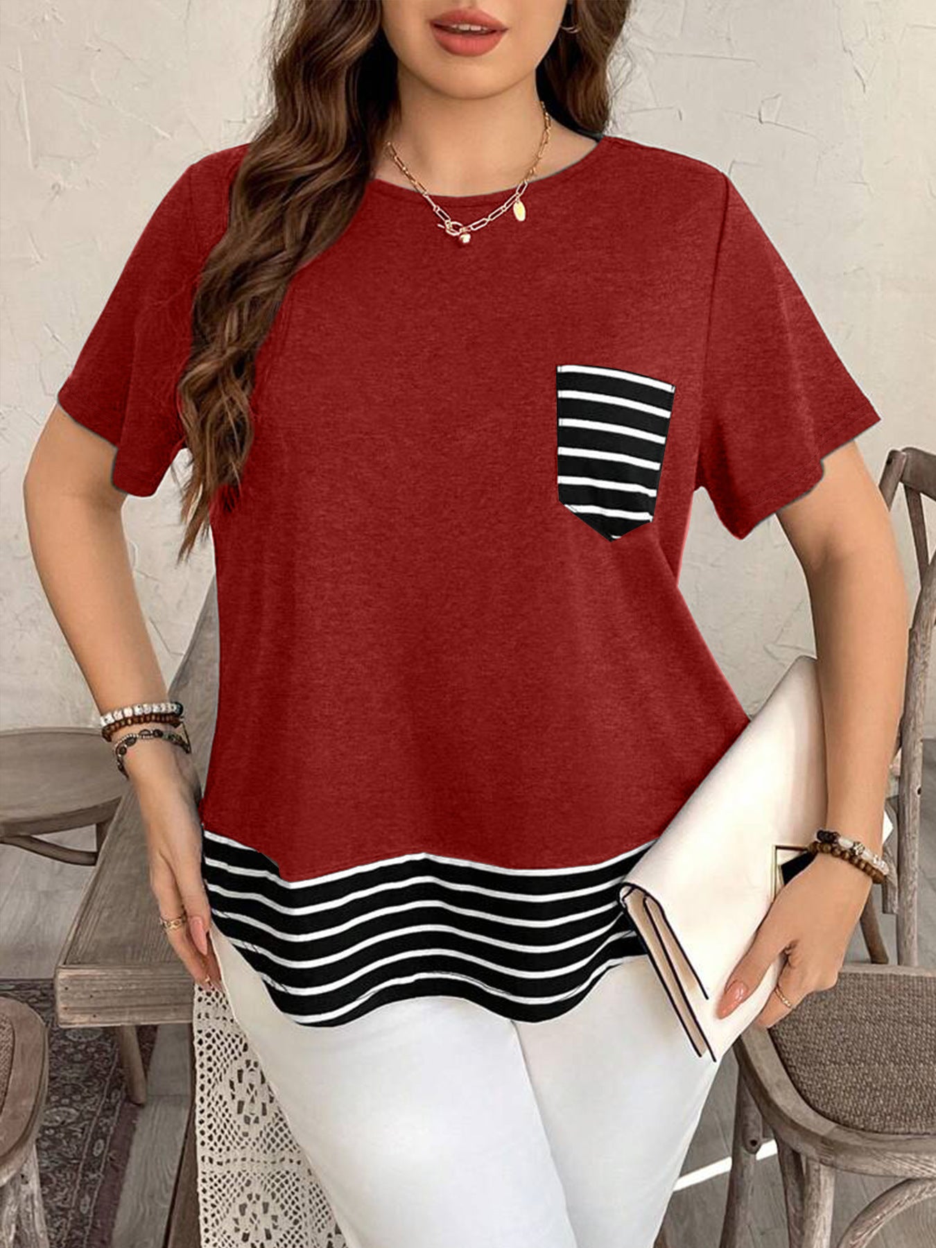 Patchwork Stripes Round Neck Loose Short Sleeves Fake Two-piece Top
