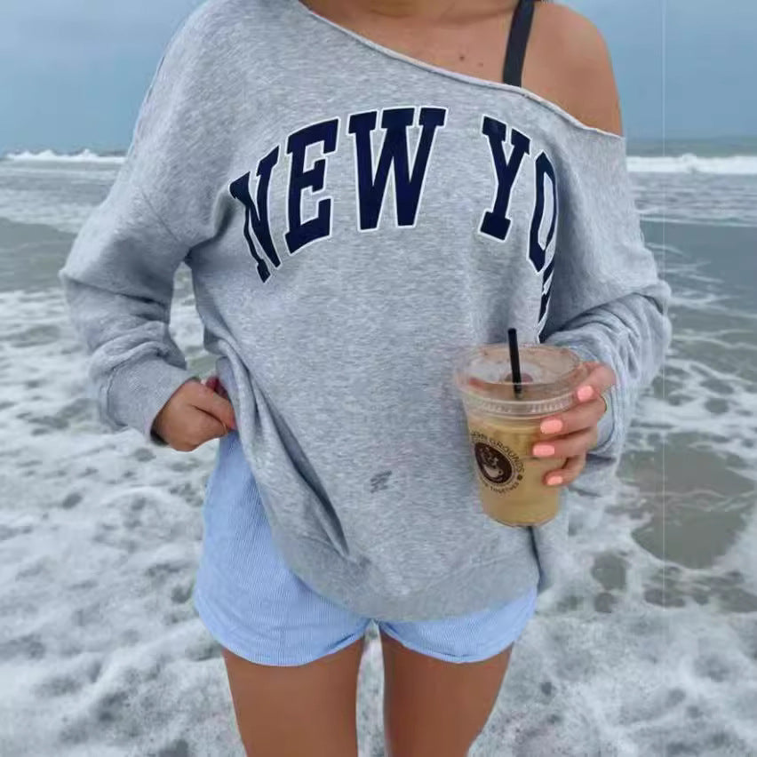 Women's Simple Letter Print Off-shoulder Long Sleeve Sweater