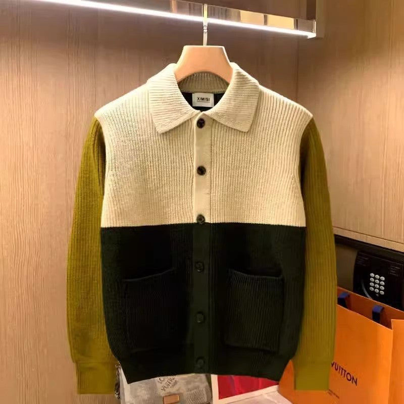 Men's Autumn And Winter Knitted Color Stitching Turnover Neck Sweater Coat