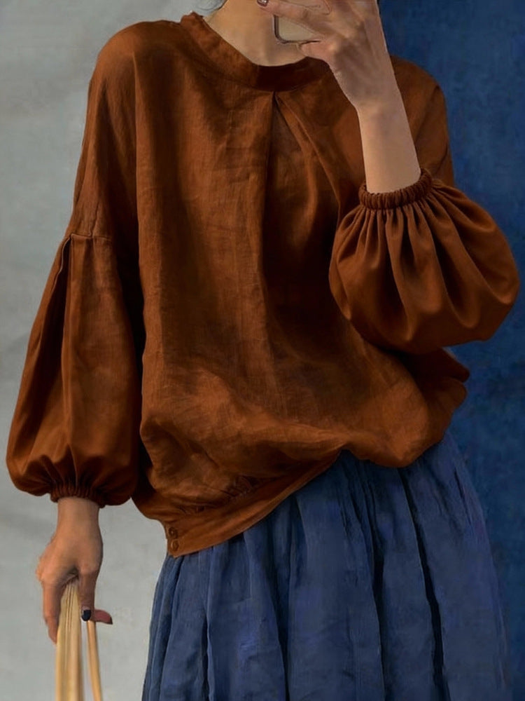 Fashionable Solid-color Long-sleeve Crew-neck Pullover Shirt