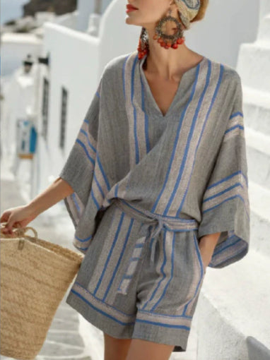 Relaxed-fit Striped Tie-front Jumpsuit Pants For Vacation