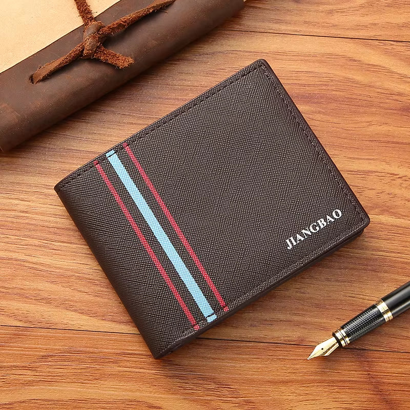 Men'S Short Fashionable Thin Wallet Multi Card Cross Pattern Wallet Spot Horizontal Large Capacity Business Soft Leather Wallet