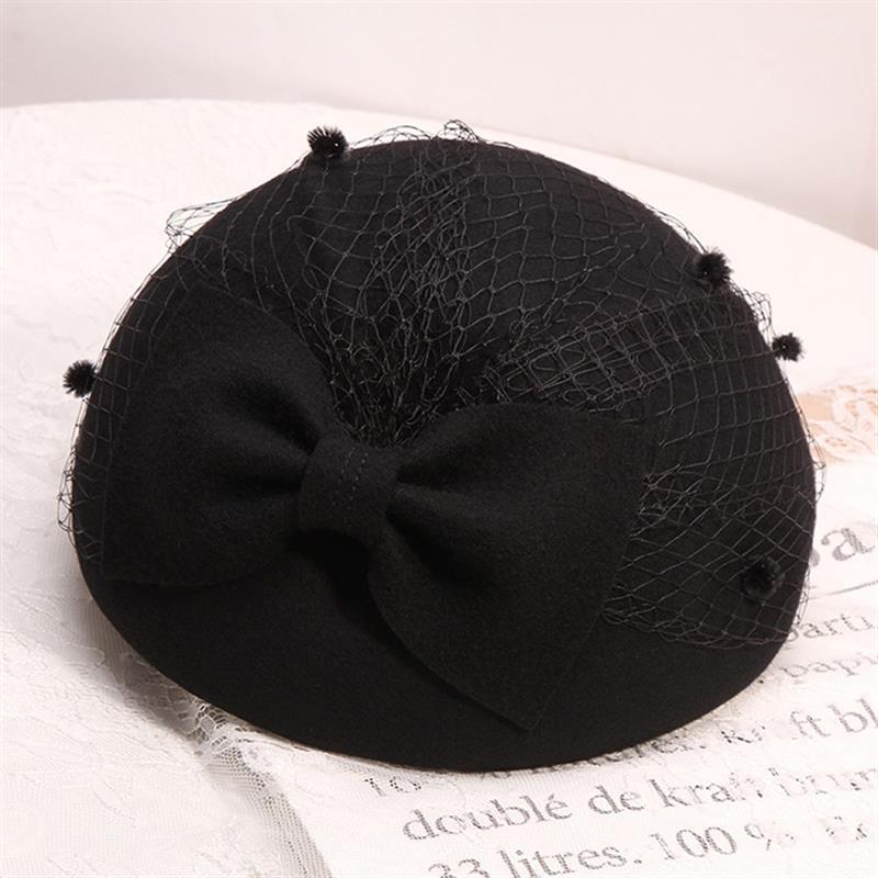 Hat Women's Vintage Woolen Fabric Bowknot