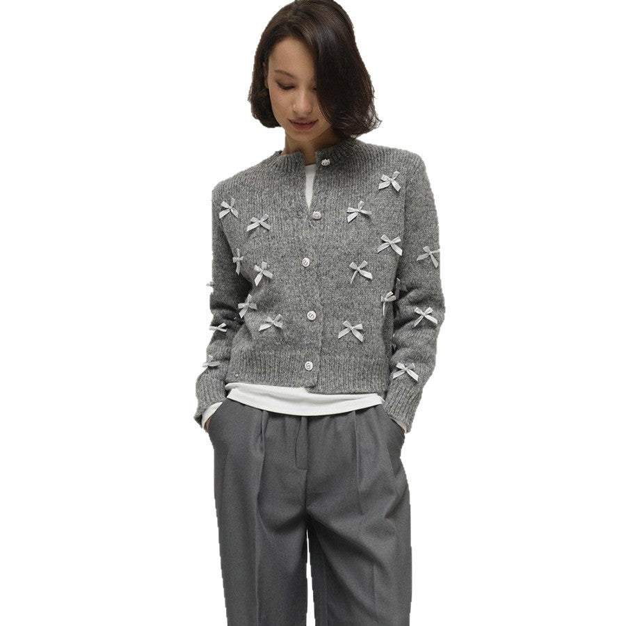 Gentle Chic Three-dimensional Bow Knitted Round Neck Cardigan Sweater