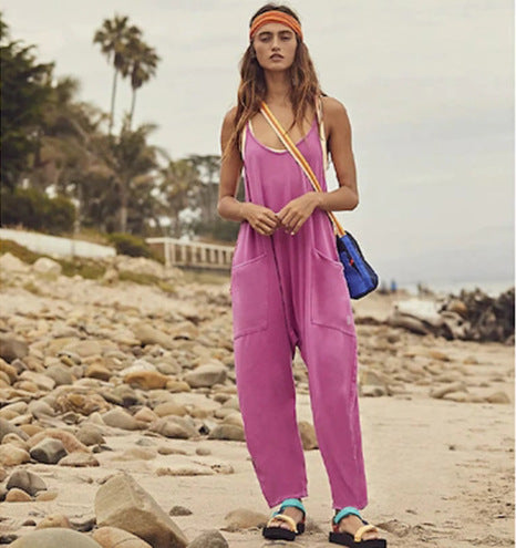 Women's Fashion Solid Color V-Neck Sling Pocket Jumpsuit