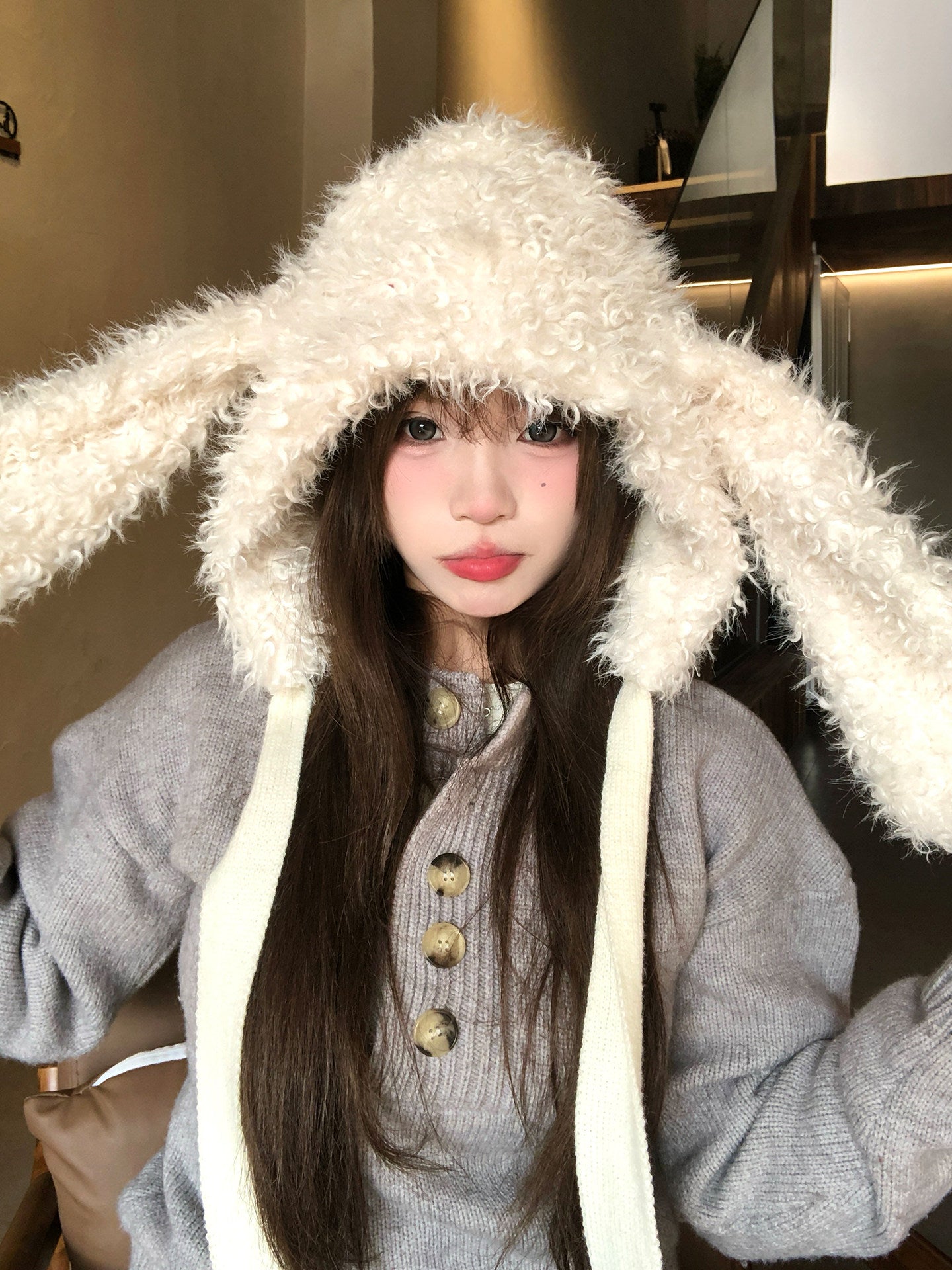 Korean-style Sweet And Cute White Plush Hat With Bunny Ears