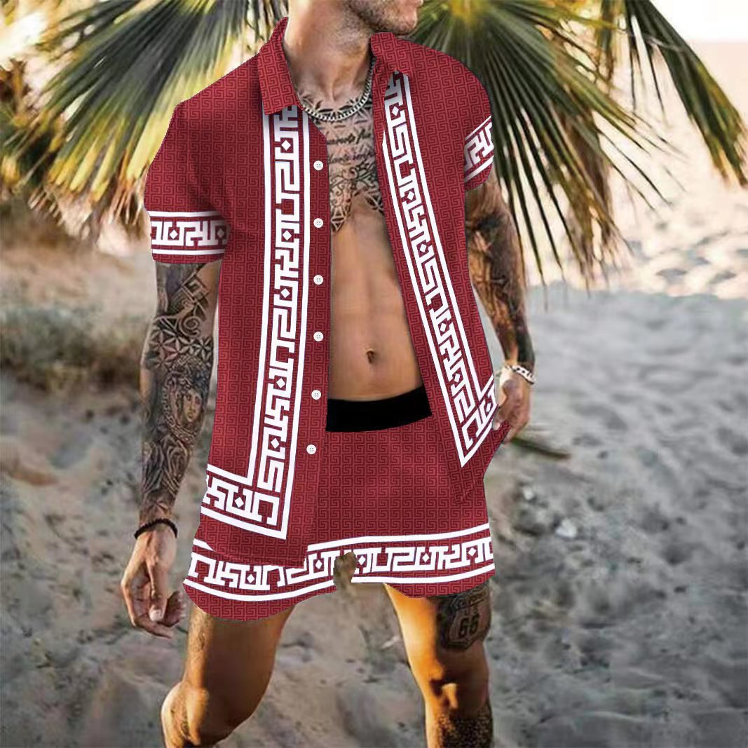 Men's Multicolor Casual Loose Printed Shirt Beach Suit