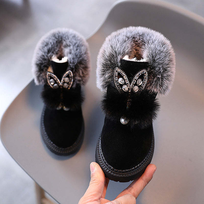 Children's Snow Boots, Flat-bottomed Girls, Princess Cotton Shoes, Fashion Thickening And Velvet Short-tube Baby Boots