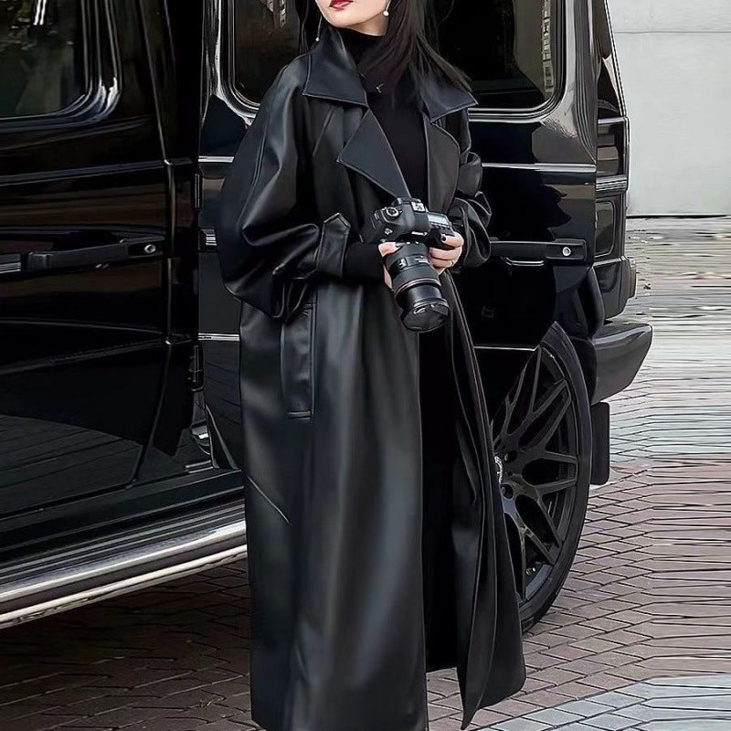 Women's Fashion Temperament Long Below The Knee Leather Coat