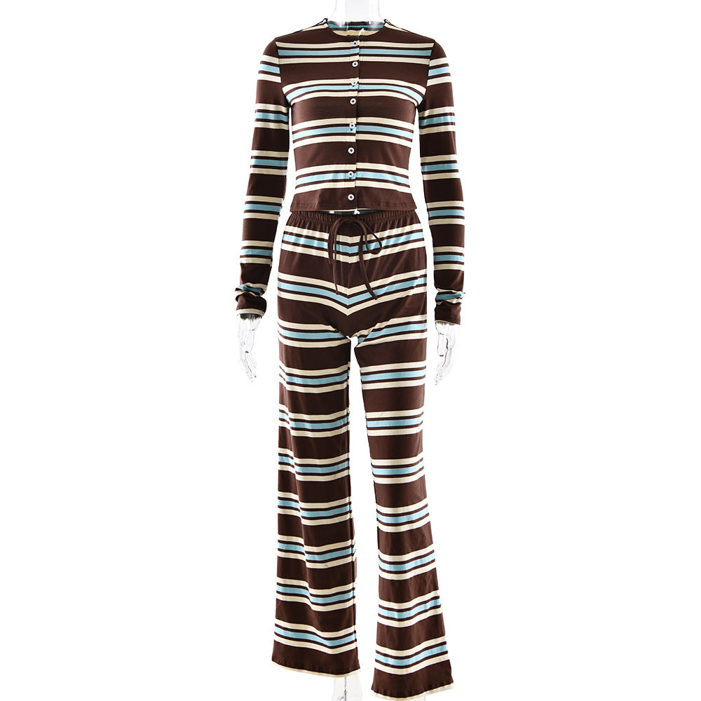 Womens Knitted Crew Neck Top And High Waisted Straight Leg Pants Set