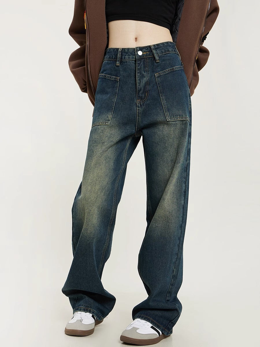 Antique Dark Blue Yellow Mud Color Washed Distressed Straight Jeans