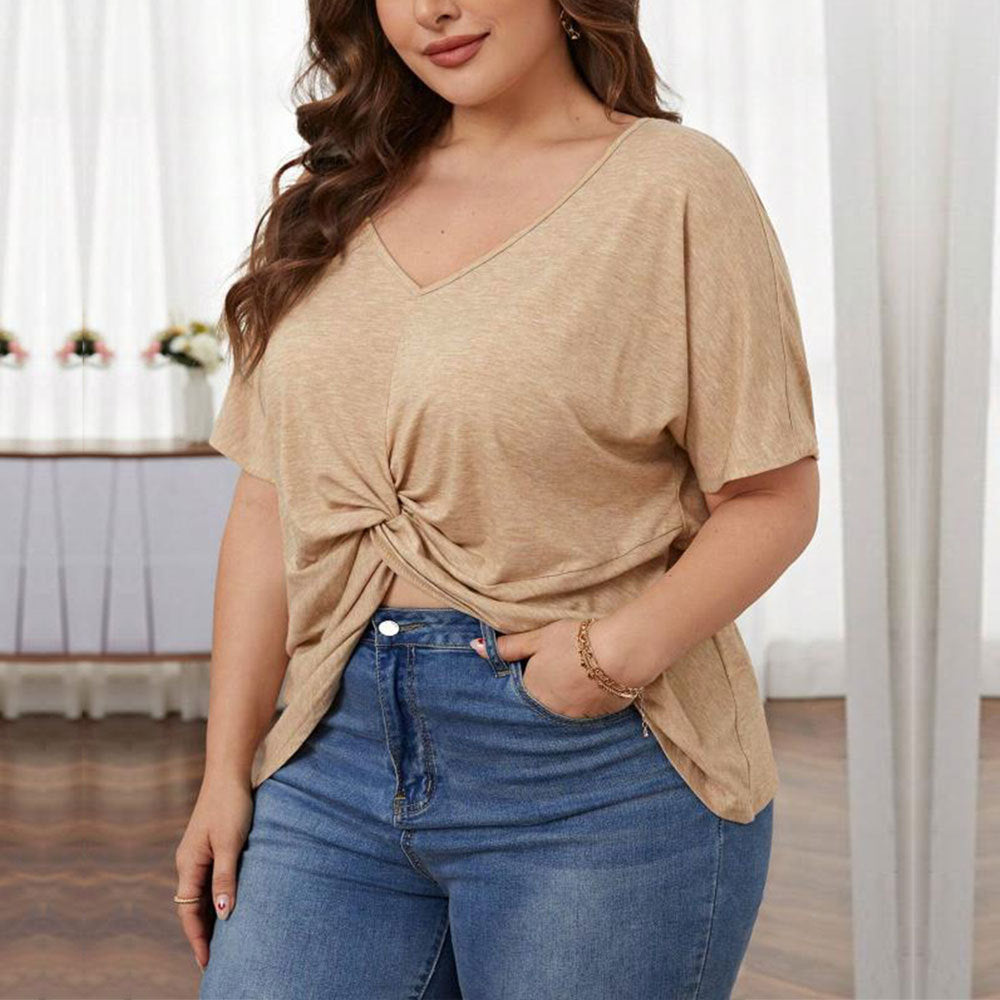 Women's Loose Casual V-neck Short Sleeve Knit Top With Irregular Hem