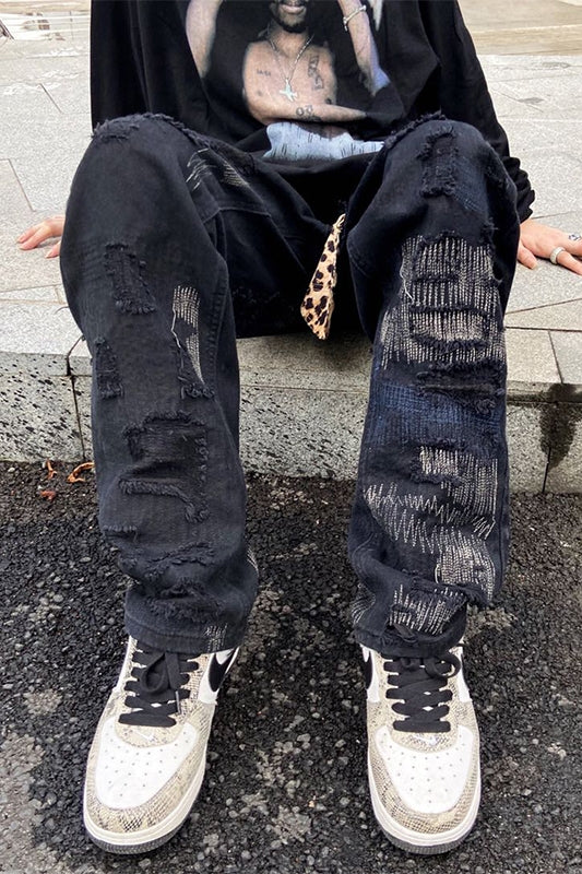Women's Ripped Personality Knife Cut Loose Straight Jeans