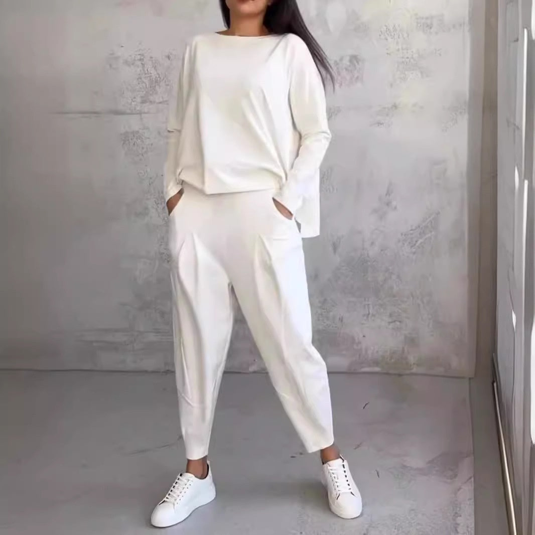 Women's Solid Color Casual Tappered Round Neck Long Sleeve Two Pieces