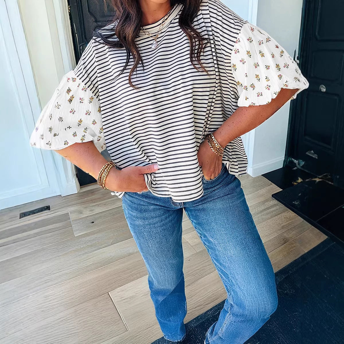 Womens Casual Striped Patchwork Loose T-Shirt