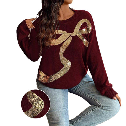 Round Neck Bowknot Sequin Embroidery Elegant Sequined Plus Size Sweater
