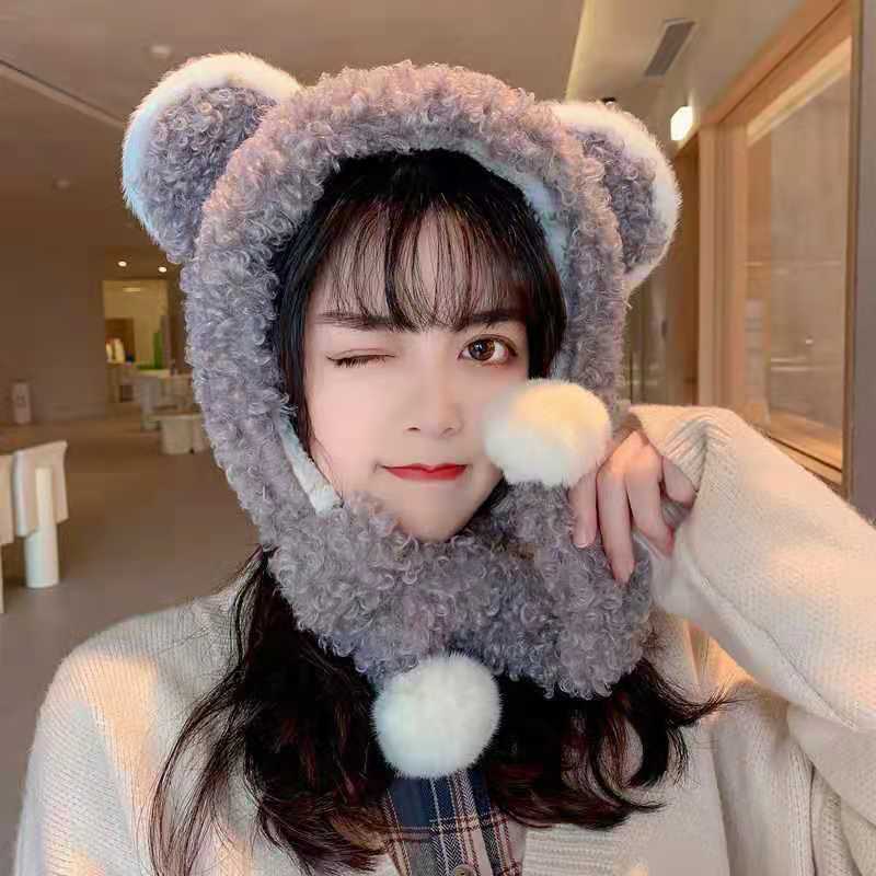 Cute All-match Women's New Warm Bear Hat And Scarf All In One