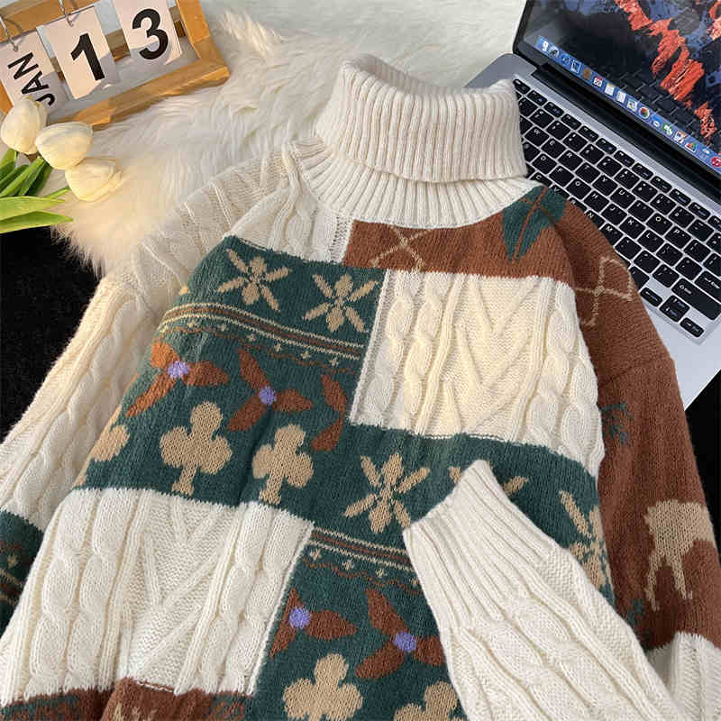 Fleece-lined Thickened Turtleneck Retro Art Design Sweater Warm