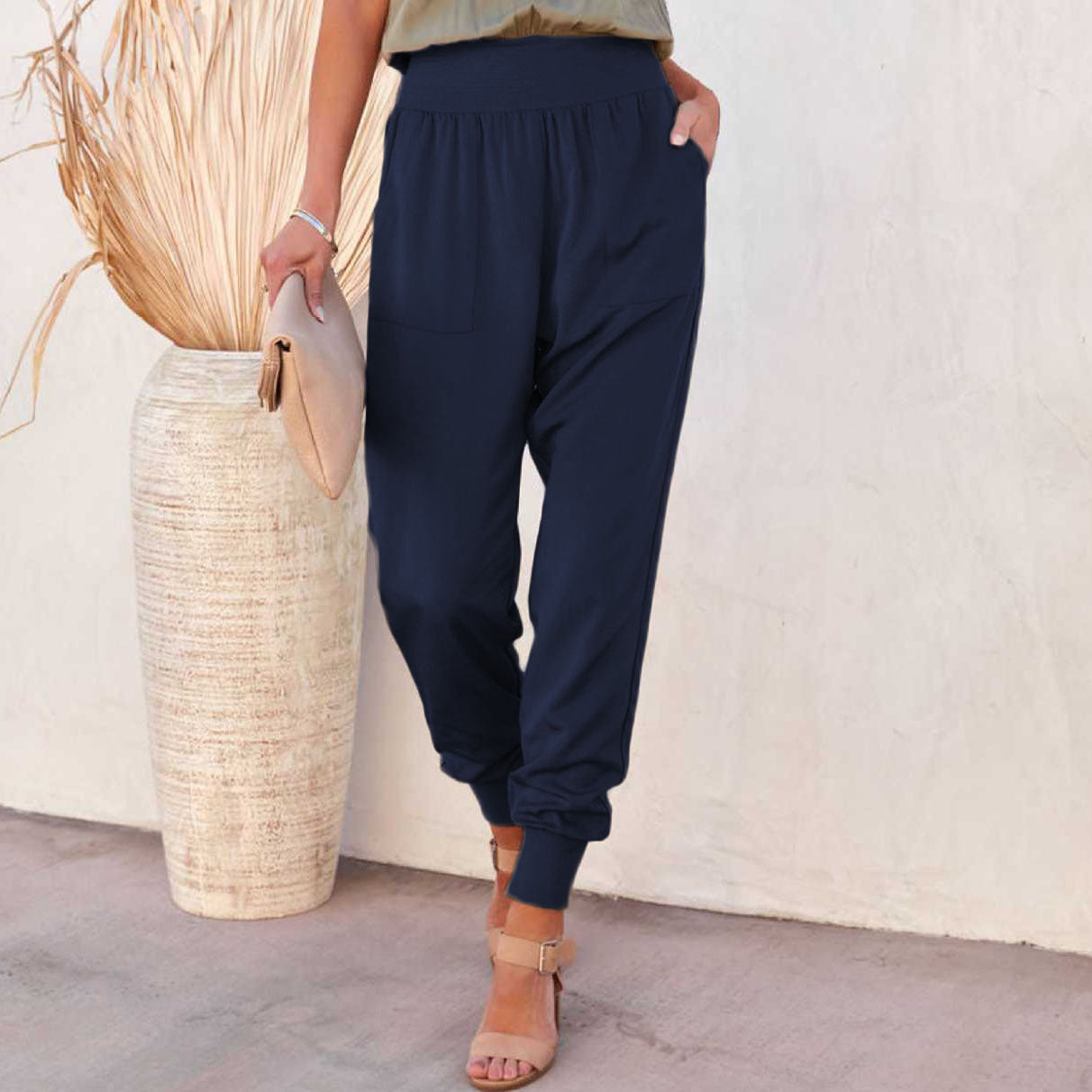 Women's High-waisted 9-point Trousers With Open Hem For Leisure