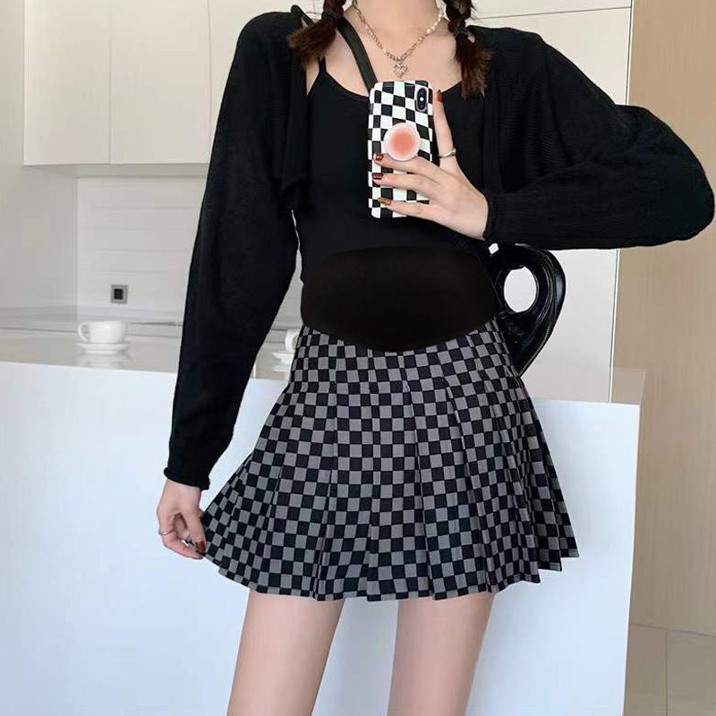 Black And White Plaid Pleated Skirt A- Line Skirt High Waist Slim Fit