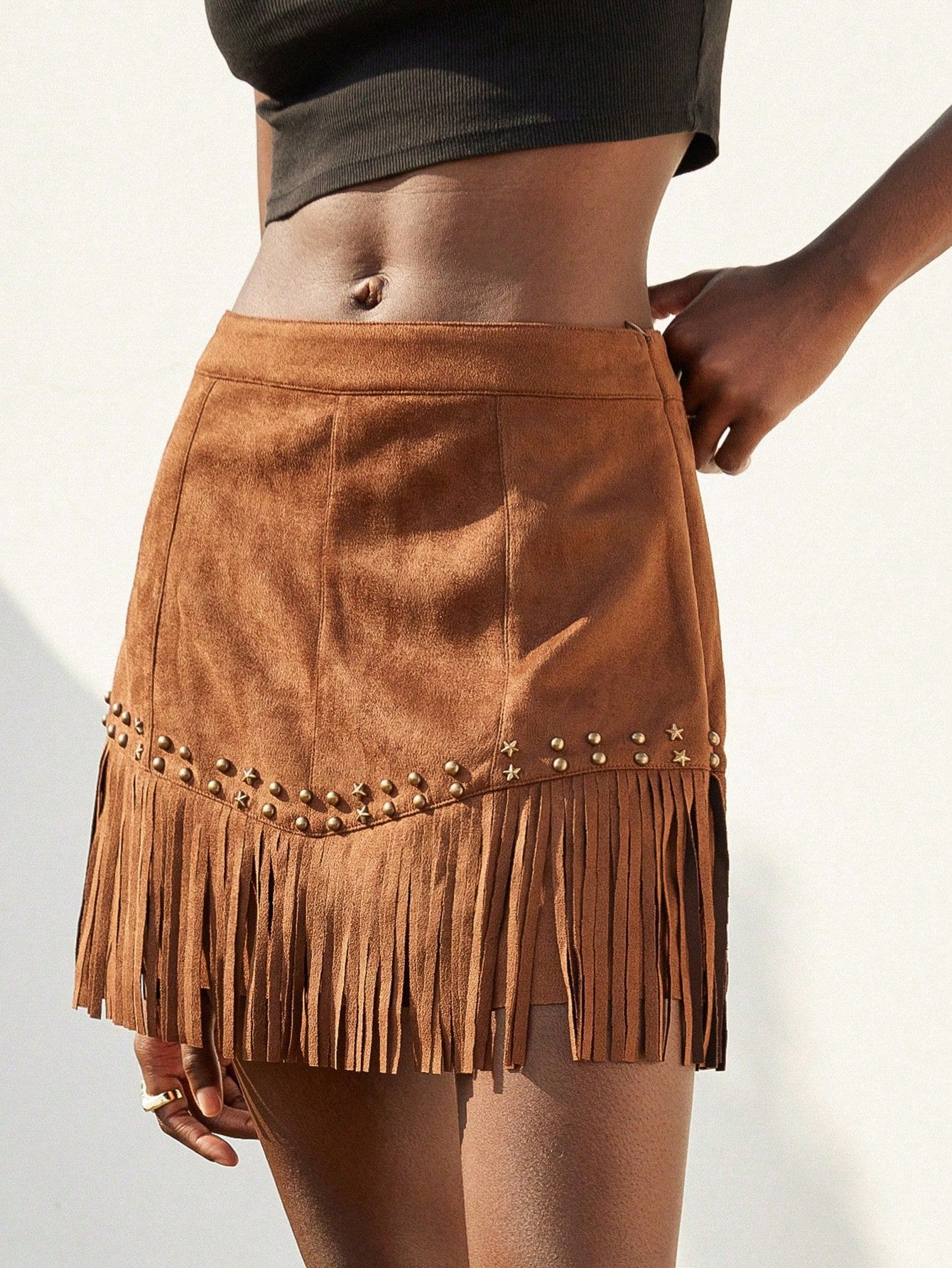 New Womens Skirt With Tassels And Studs