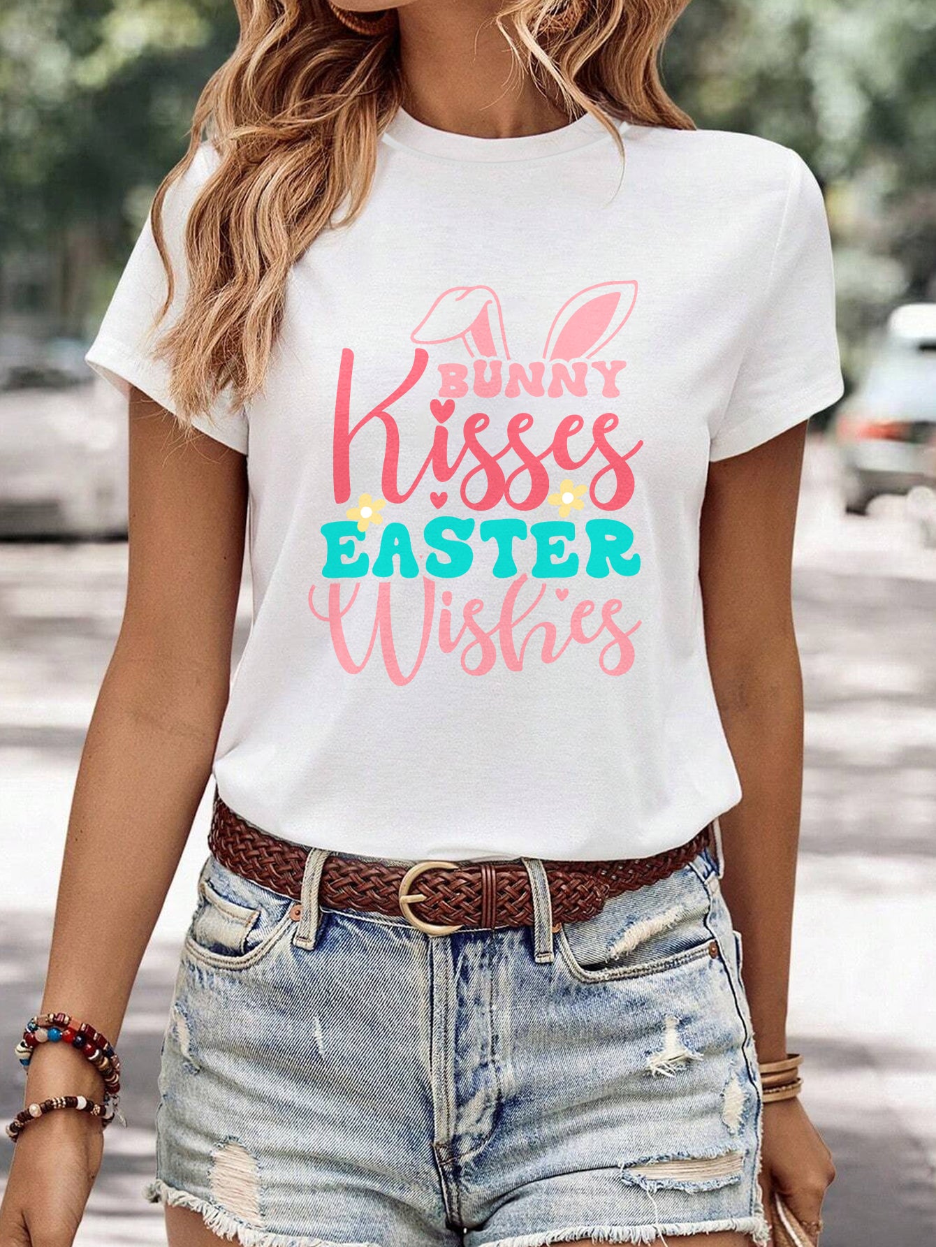 Kvinders minimalistiske afslappede T-shirt med print og rund hals