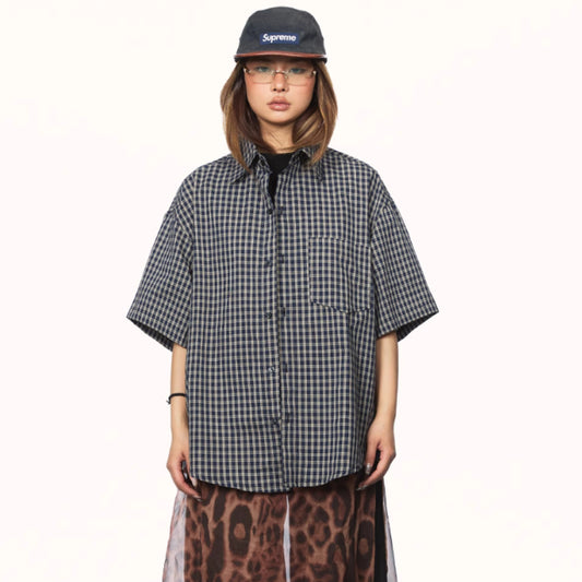 Basic American Retro Casual Plaid Short Sleeve
