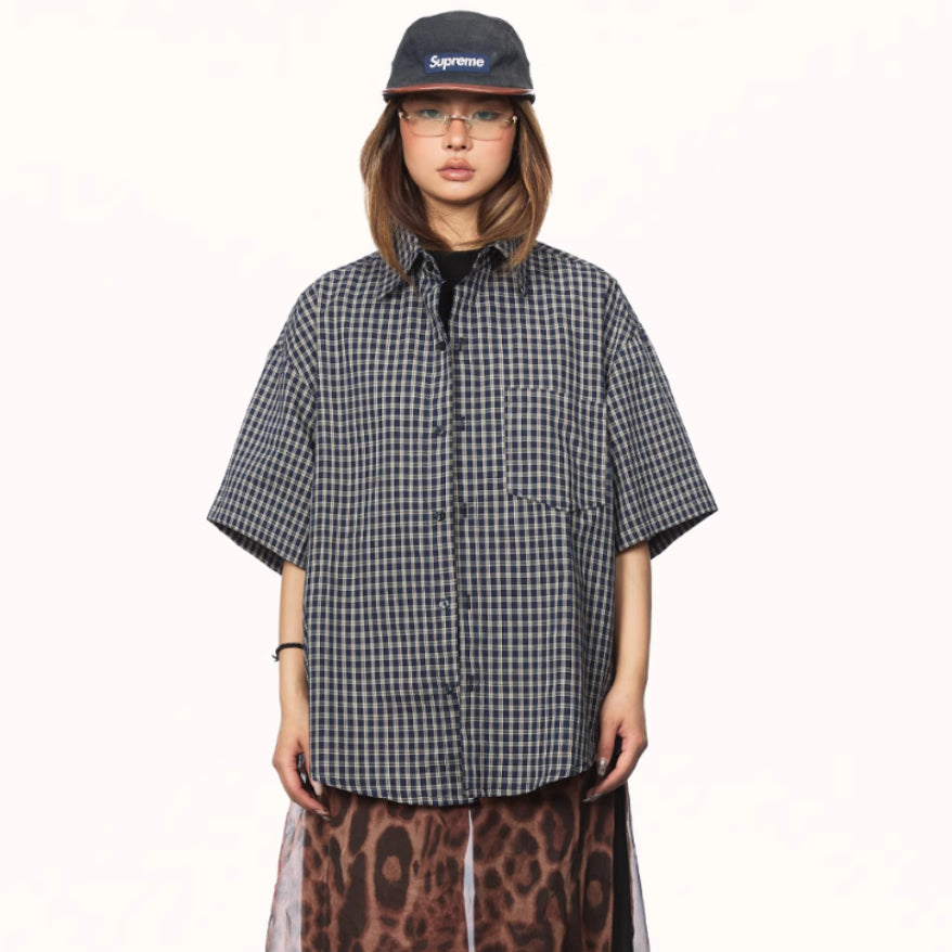 Basic American Retro Casual Plaid Short Sleeve