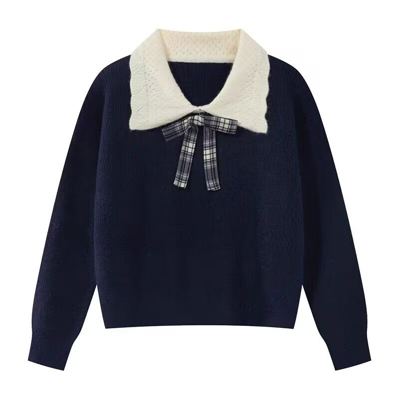 FallWinter Preppy-Style Color-Block All-Match Peter Pan Collar Sweater For Women