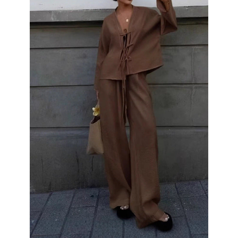 High-end Lace-up Shirt And Pants Casual Fashion Set
