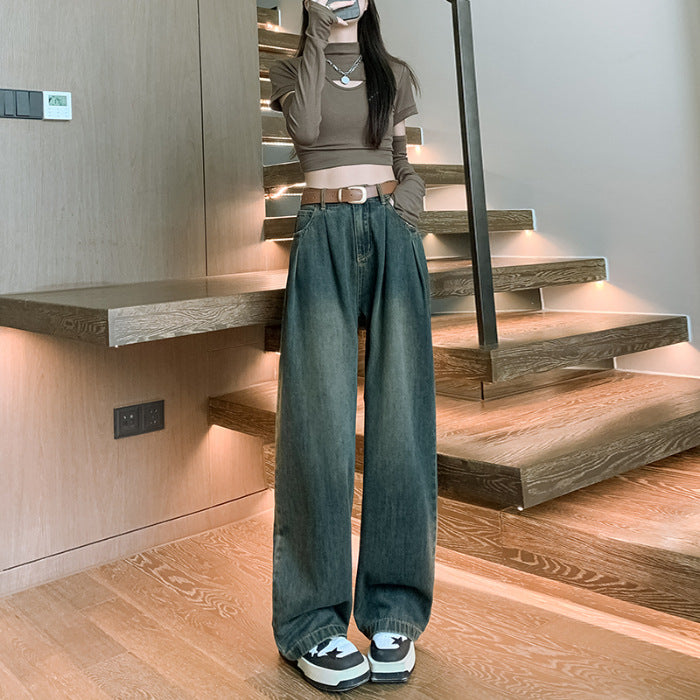 Koreansk stil vidde bukser høj talje løse plisserede lige "Mop" jeans