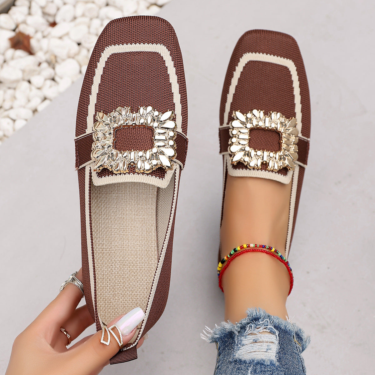 Flyknit Slip-on Square Toe Rhinestone Breathable Plus Size Women's Flat Shoes