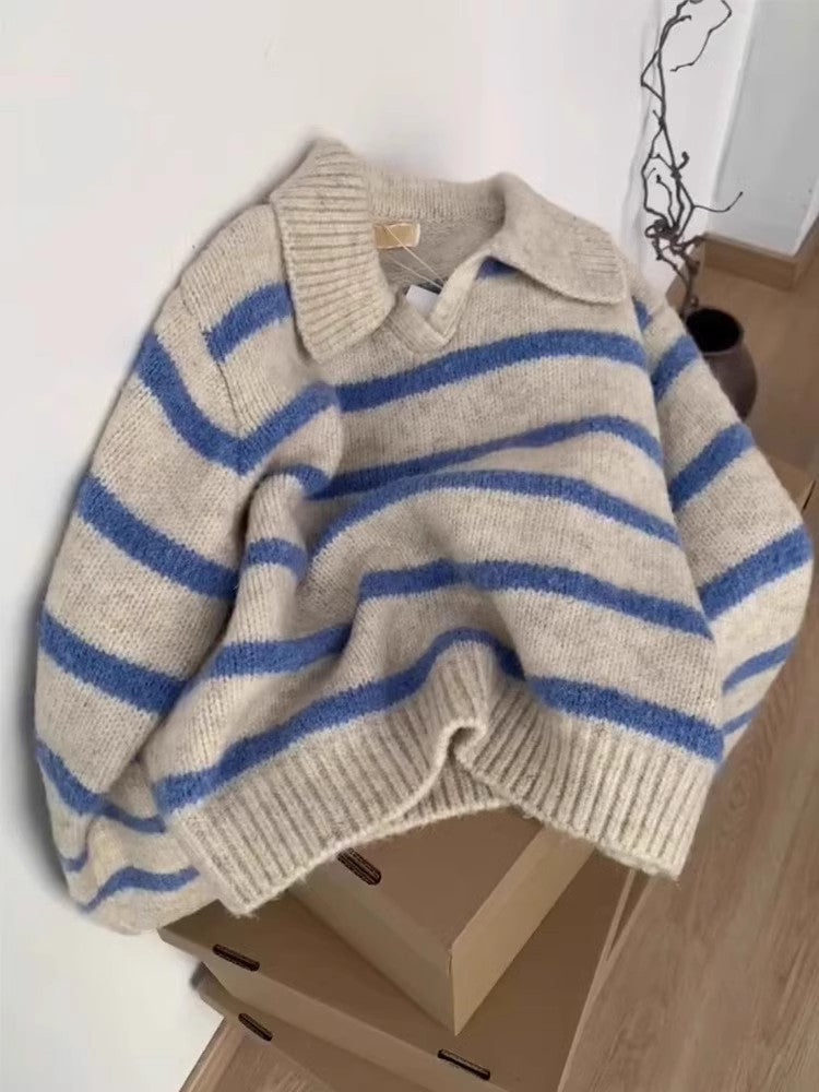 Blue Striped Polo Lapel Long Sleeve Soft Glutinous Sweater