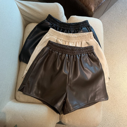 PU Læder Shorts Kvinder Højtaljede Løse Slidsede Casual Bukser