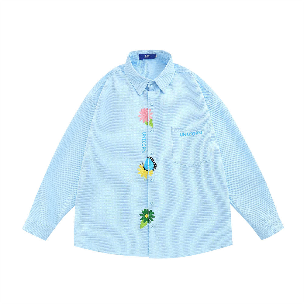 Simple Flower Embroidered Long-sleeved Men's Trendy Fashion Cardigan Casual Loose Waffle Lapel Shirt
